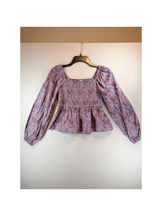 J.Crew Liberty Fabric Paisley Smocked Peplum Top Pink Blue Cotton Small