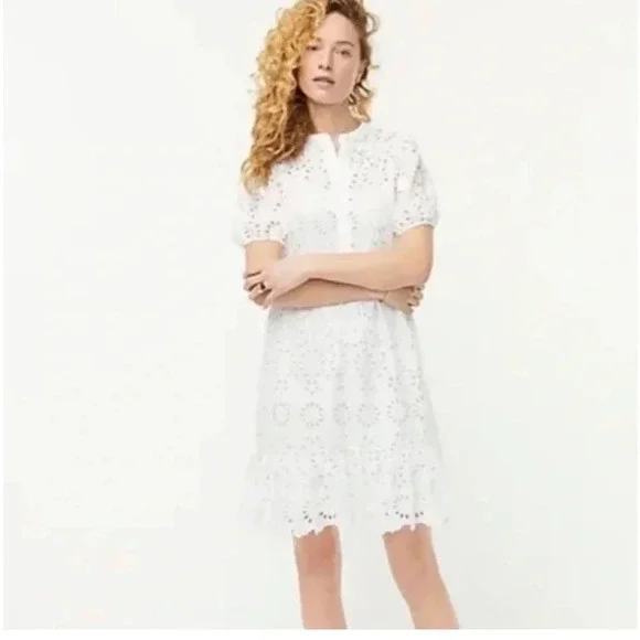 J. CREW Tiered Skirt Pop Over Shirt Dress White Eyelet Casual Women’s 8