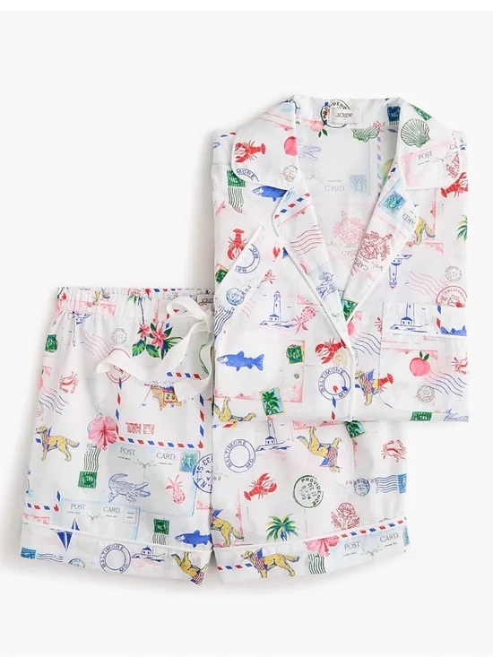 J. Crew White Postcard Print Pajama Set - Short Sleeve & Shorts