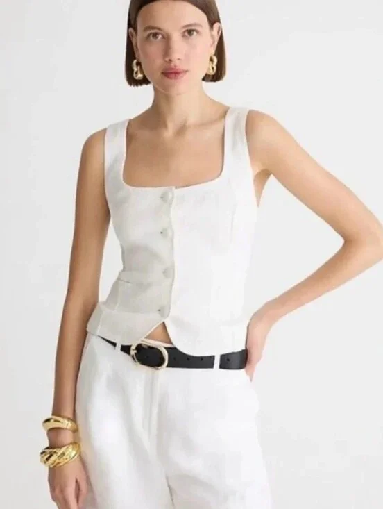 J. Crew White Linen Square-Neck Button Front Tank Size 24
