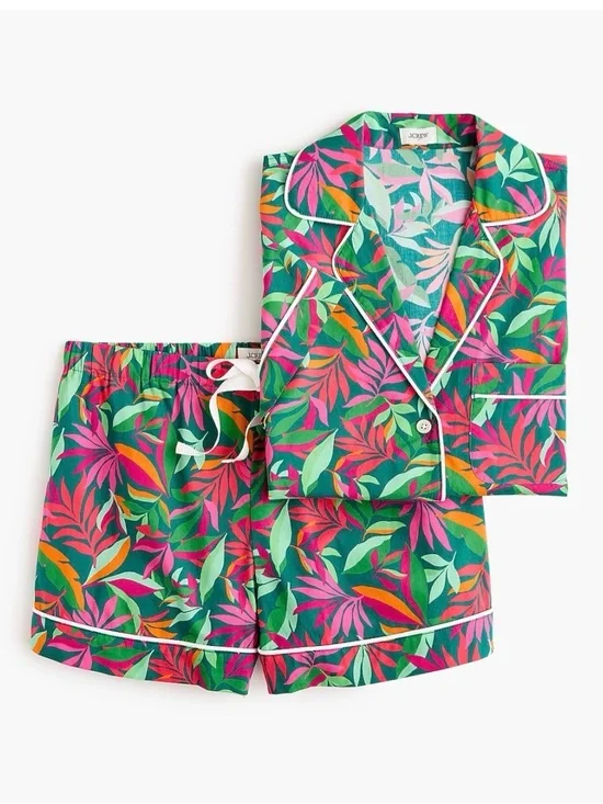 J. Crew Tropical Leaf Print Pajama Set - Green/Pink