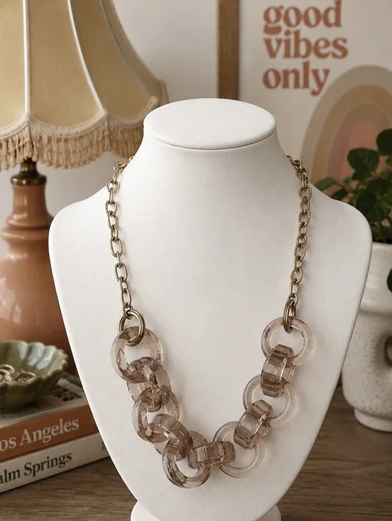 J. CREW Brand Transparent Taupe Lucite Link Wet Looking Brass Tone Necklace EUC