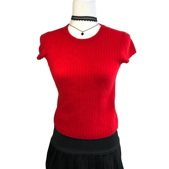 J Crew 100% Cashmere Short Sleeve Cherry Red Sweater Womens S Ribbed Crewneck