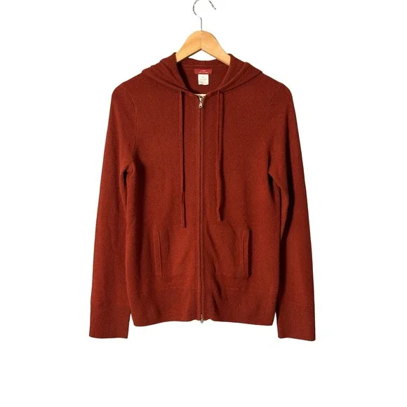J. Crew 100% Cashmere Full Zip Hoodie Sweater Medium Rust Burnt Orange