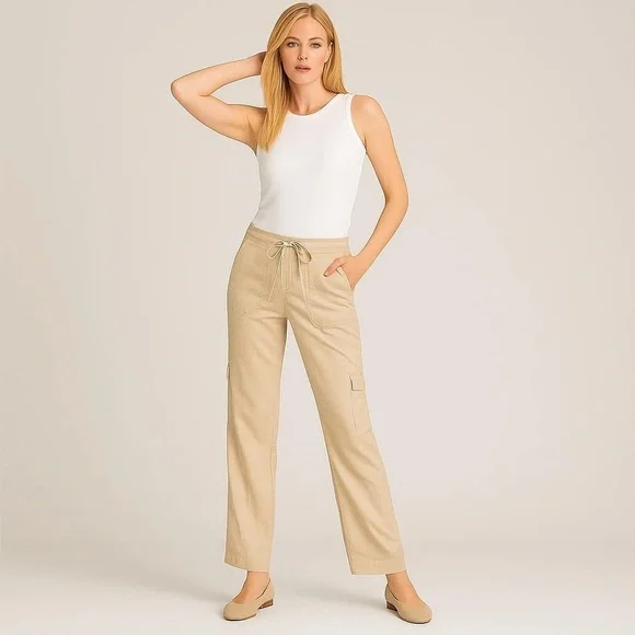 J Crew City Fit Cargo Pants Linen Cotton Draw String Pocket Flat Front Khaki 10