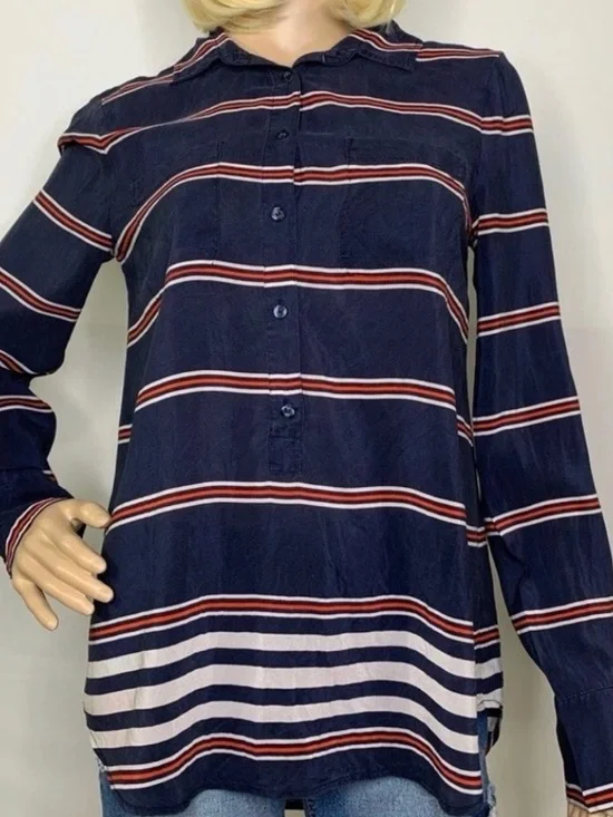 J. Crew Silk Navy Blue Striped Button-Down Shirt