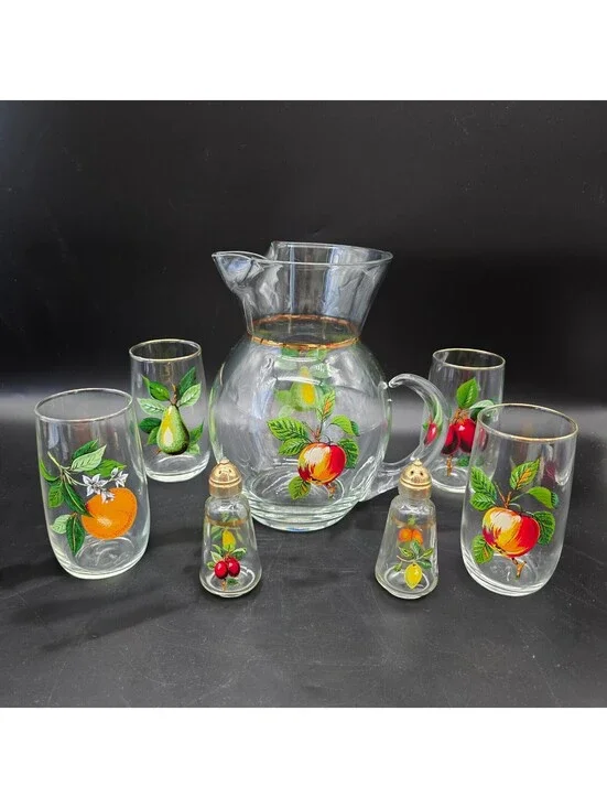 Vtg West Virginia Glass Orchard Fruit Pitcher 4 Tumblers Salt Pepper Shakers