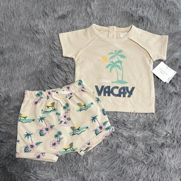 Grayson Mini Vacay Outfit Set Cream Palm Trees Baby 6-9 Months Summer‎ NEW