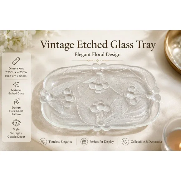 Vintage Frosted Art Glass Tray Cherry Berry Relief French Art Deco Lalique Style
