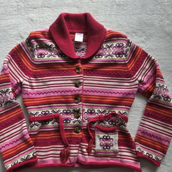 Vintage Gymboree Cardigan Sweater Fair Isle Striped Belted Girls Sz 7 Tight Knit