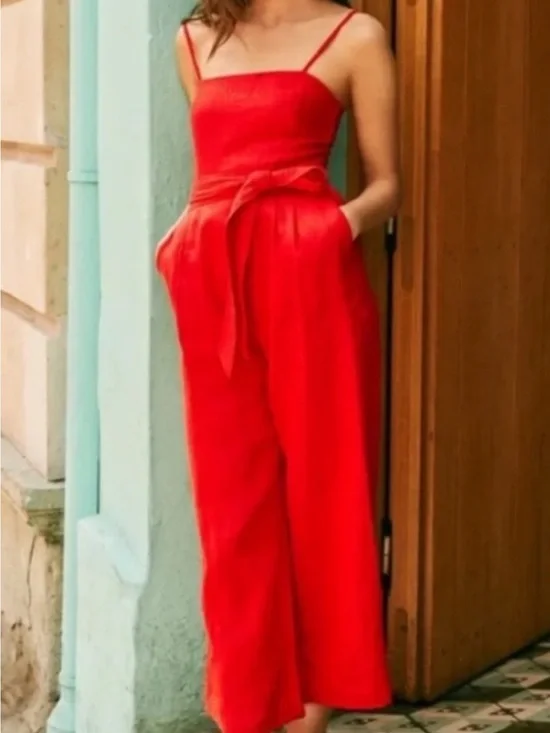 J. Crew Red Spaghetti-Strap Tie-Waist Wide-Leg Jumpsuit - Linen