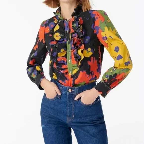 J.Crew Collection Cotton Ratti Melting Floral Ruffle Front Blouse Sz.S NWT