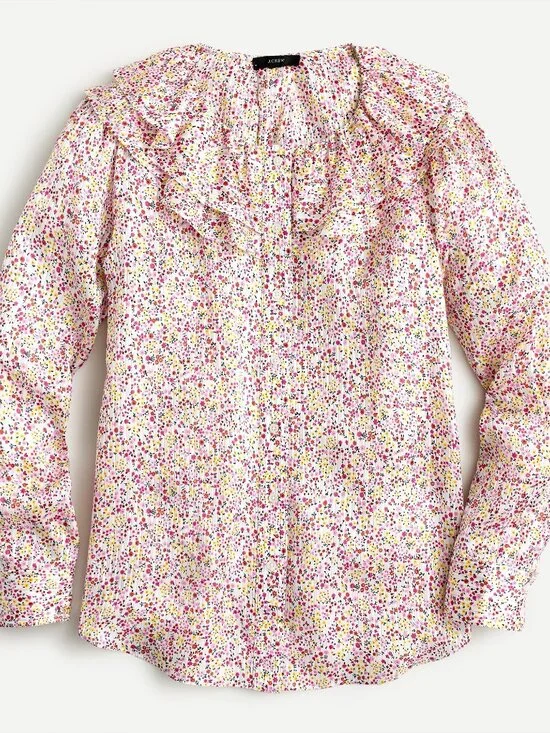 NWT J. Crew Size Small Pink Multi Ruffle Button Front Top in Field Day Print NEW