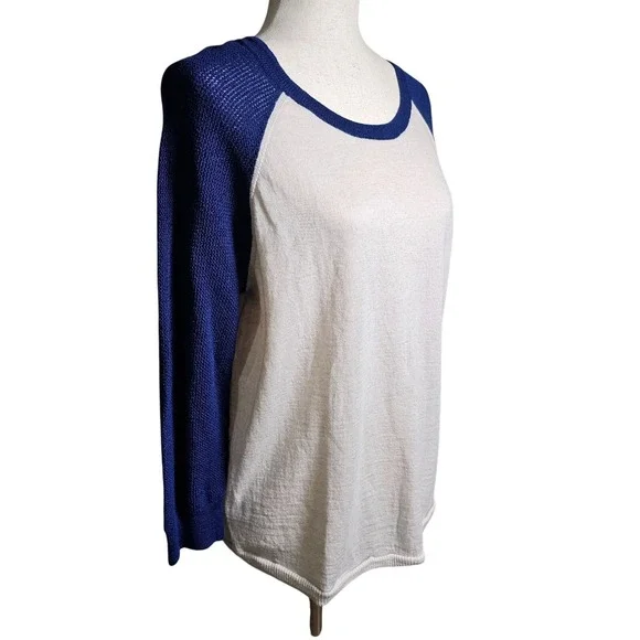 J. Crew 100% Merino Wool Raglan Sleeve Blue and White Knit Sweater Large