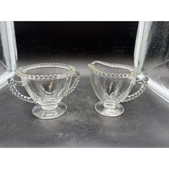 Vintage Anchor Hocking Wexford Clear Glass Creamer and Sugar Bowl Set Beaded Rim