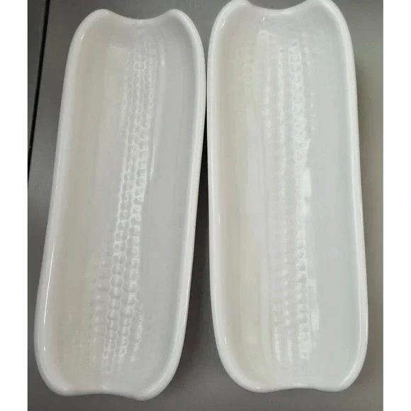 Vintage Pflaltzgraff White Ceramic Corn on the Cob‎ Dishes Footed Set of 2
