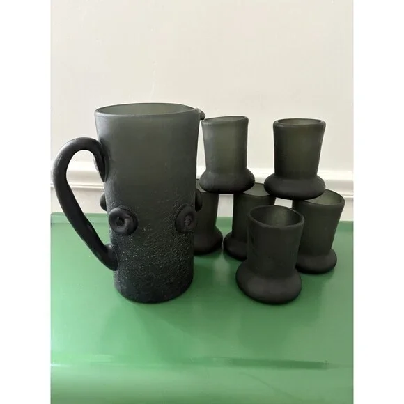AS-IS Vintage Smoky Gray Glass Pitcher & 6 Glasses Set MCM Brutalist‎ Style READ