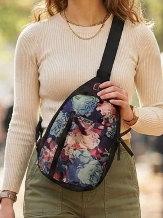 Women's Floral Print Crossbody Sling Backpack Black Botanical Daypack Chest Bag