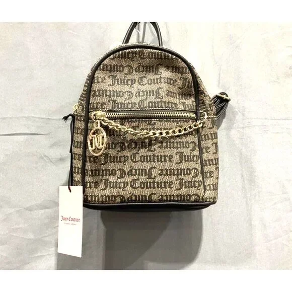 NWT Juicy Couture Gothic Logo Signature Print Mini Backpack Purse Brown Khaki