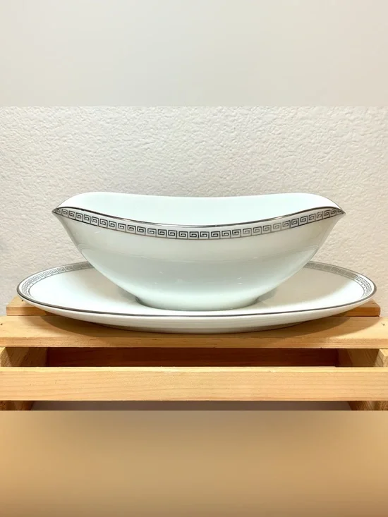 Noritake “Silver Key” White Ceramic Gravy Boat w Greek Key Border Silver Edging
