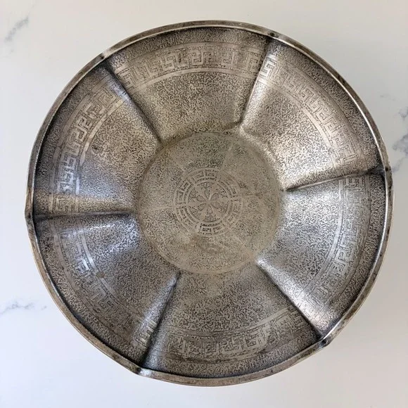 Vintage Homan Plate Hellenik Nickel Silver Bowl‎ Greek Key Hammered Textured 10