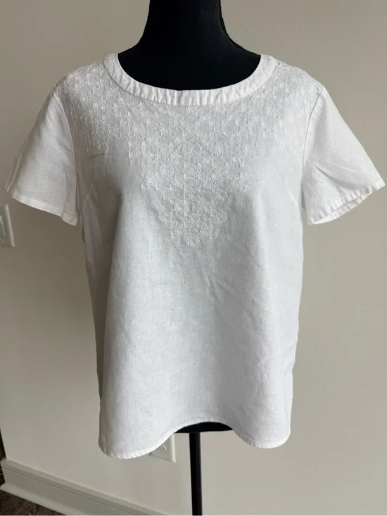 J. Crew White Short-Sleeve Embroidered Linen-Blend Top
