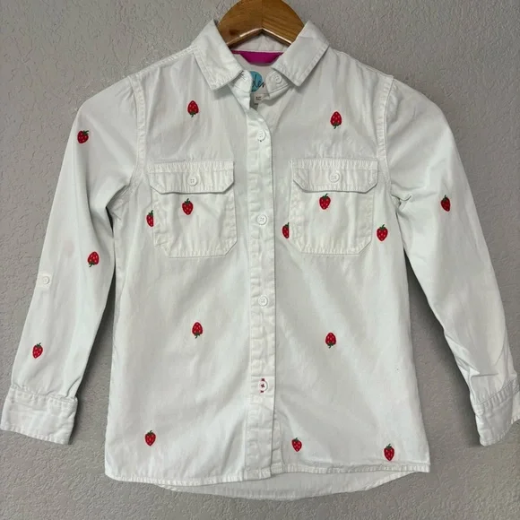 Boden Pink Striped Strawberry Print Relaxed Cotton Button Front‎ Shirt Girls 8-9