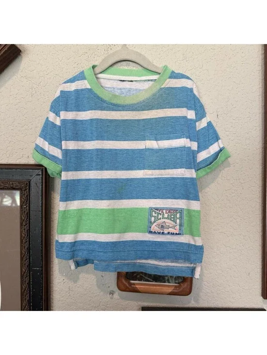 Vintage 80s/90s RARE Kids Colorful Striped Scuba Dive Deep Surf Shirt Size 7