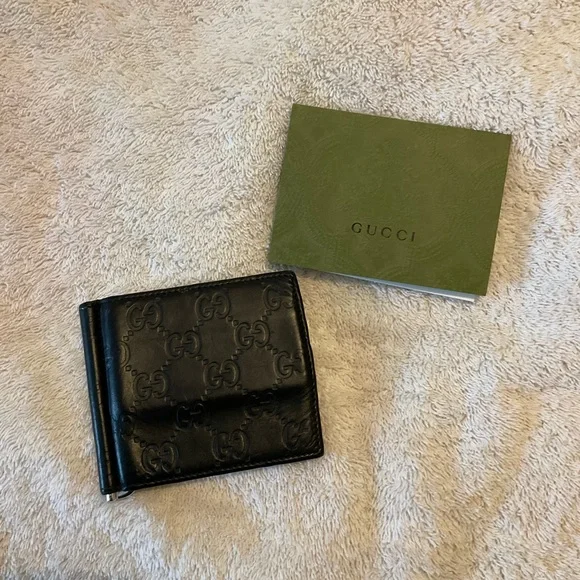 Gucci GG Check Wallet Money Clip Bifold Black Leather Made in Italy