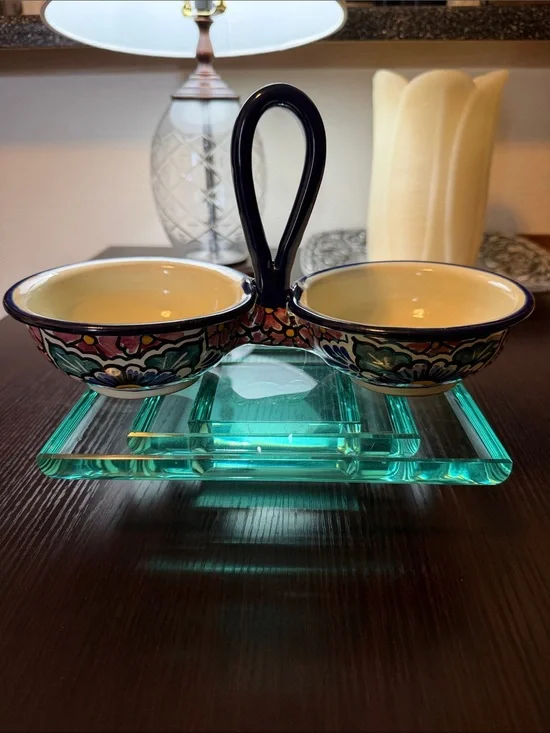 Mexican Talavera Handpainted Double Sided Salsa Bowls With Handle.
