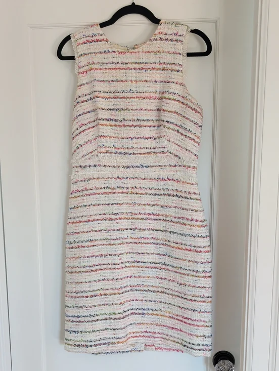 J. Crew Cream Tweed Midi Dress with Multicolor Stripes