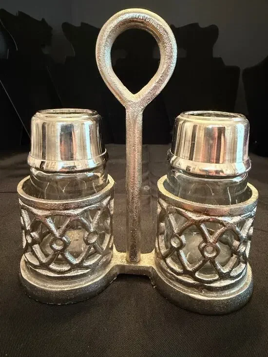 Vintage Pewter cutwork glass and pewter salt and pepper caddy openwork design
