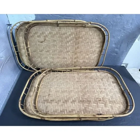 LOT 4 RETRO BAMBOO/RATTAN SERVING TRAYS DINNER/BREAKFAST 1
