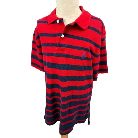 Polo Ralph Lauren Boys Red Navy‎ Striped Short Sleeve Polo Shirt Size M 10-12