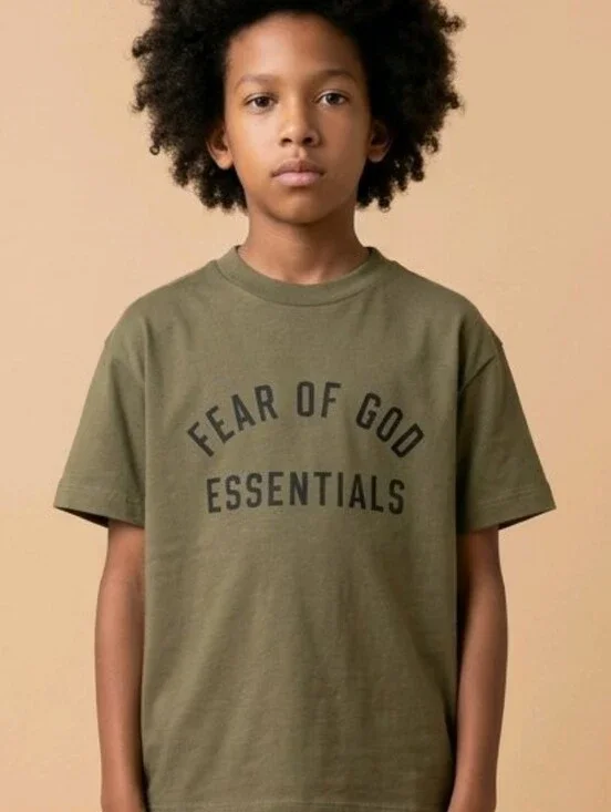 NWT Oversized Fear of God Essentials Kids Cotton Crew Neck Tee Sz 10 Olive