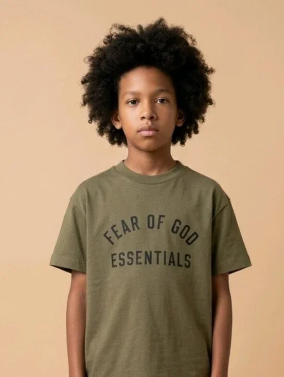 NWT Oversized Fear of God Essentials Kids Cotton Crew Neck Tee Sz 10 Olive