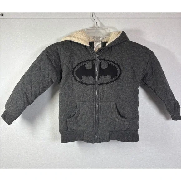 Batman Boys Quilted Sherpa Lined Hoodie Gray Zip Up Jacket with Ears DC Comics