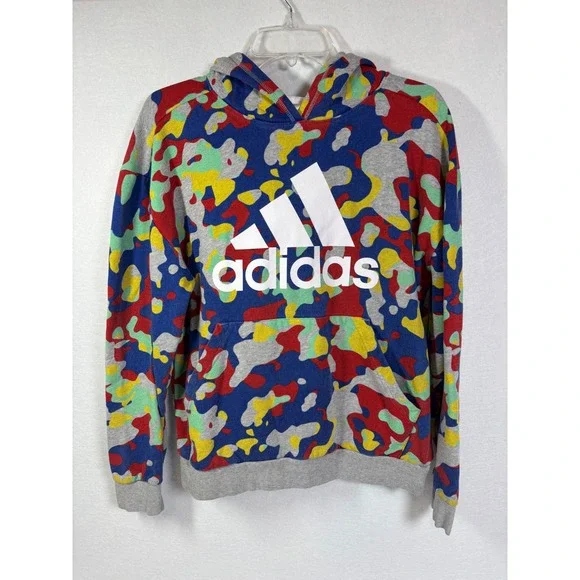 Adidas Boys XL 18/20 Hoodie Multi Color Camo Fleece Logo Sweatshirt AA7484