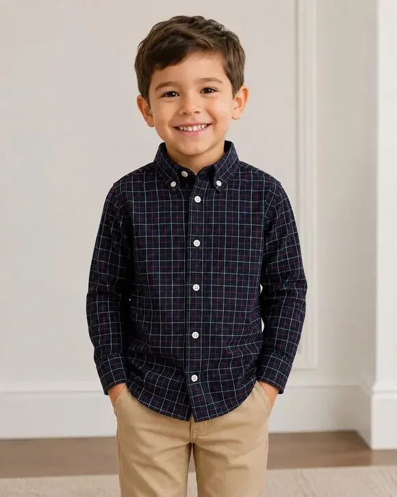 American Living Boys Black Plaid Button Down Shirt Size 5 Red White Cotton