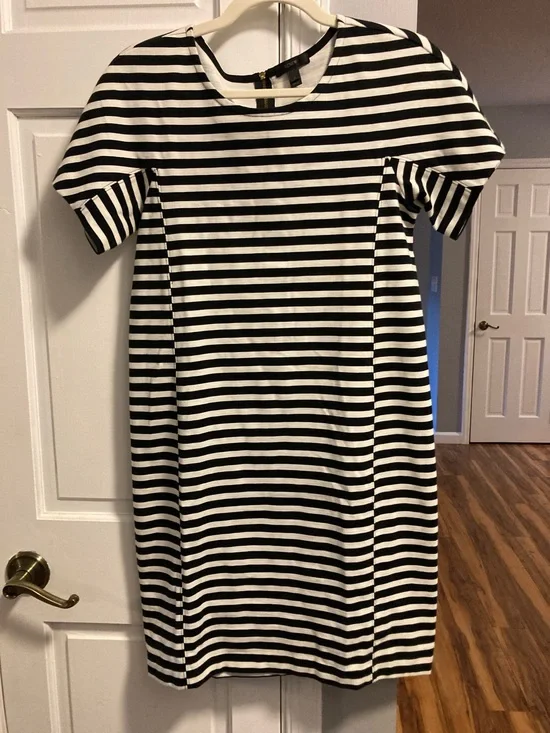 J. Crew Black and White Striped Midi Shift Dress