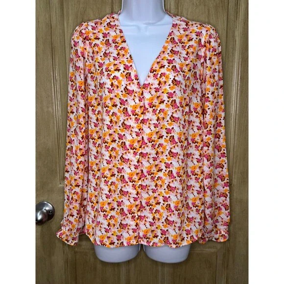 J Crew Women’s Floral All Over Print Multicolor Button Up V Neck Shirt Large