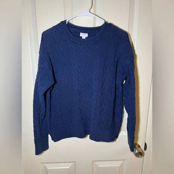 J.Crew Blue Cable Knit Crewneck Sweater Size L  100% Cotton