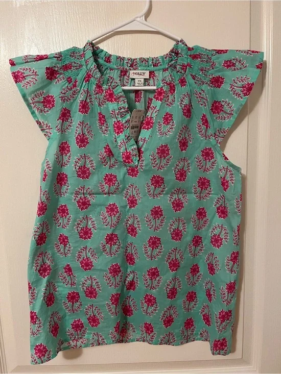 J. Crew Mint Green Floral Cap Sleeve Blouse