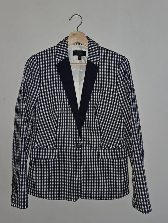 J.Crew Navy White Gingham Seersucker Blazer 6 Coastal Preppy Nautical Blue Prep