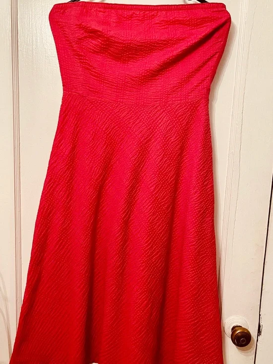 J. Crew Red Strapless Textured Seersucker 100% Cotton Dress