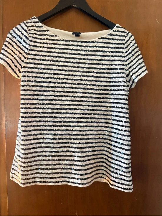 J. Crew Black and White Striped Sequin Short-Sleeve Tee