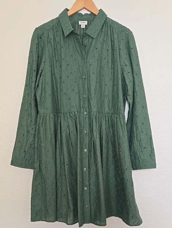 J. Crew Dark Green Eyelet Button-Front Fall Long Sleeve Babydoll Bohemian Dress