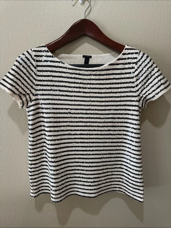 J. Crew Black and White Striped Short Sleeve Sequin Tee