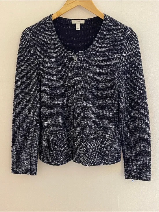 J. Crew Navy Tweed Peplum Jacket Double Zip Size Small
