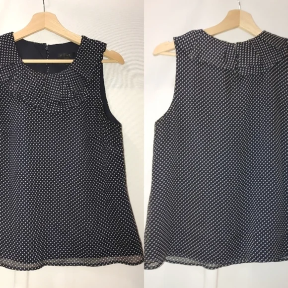 J. Crew Sleeveless Blouse Navy Blue While Polka Dot Silk Overlay Classic Neutral